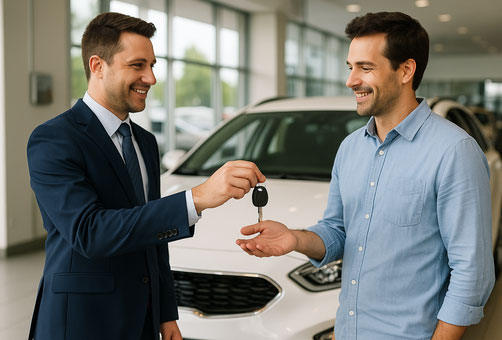 Salesman handing keys to customer with new car behind